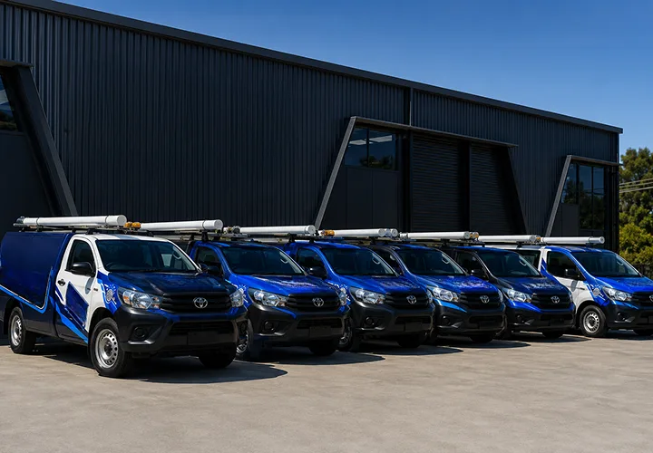 Our plumbing vans lined up before a Revesby shift