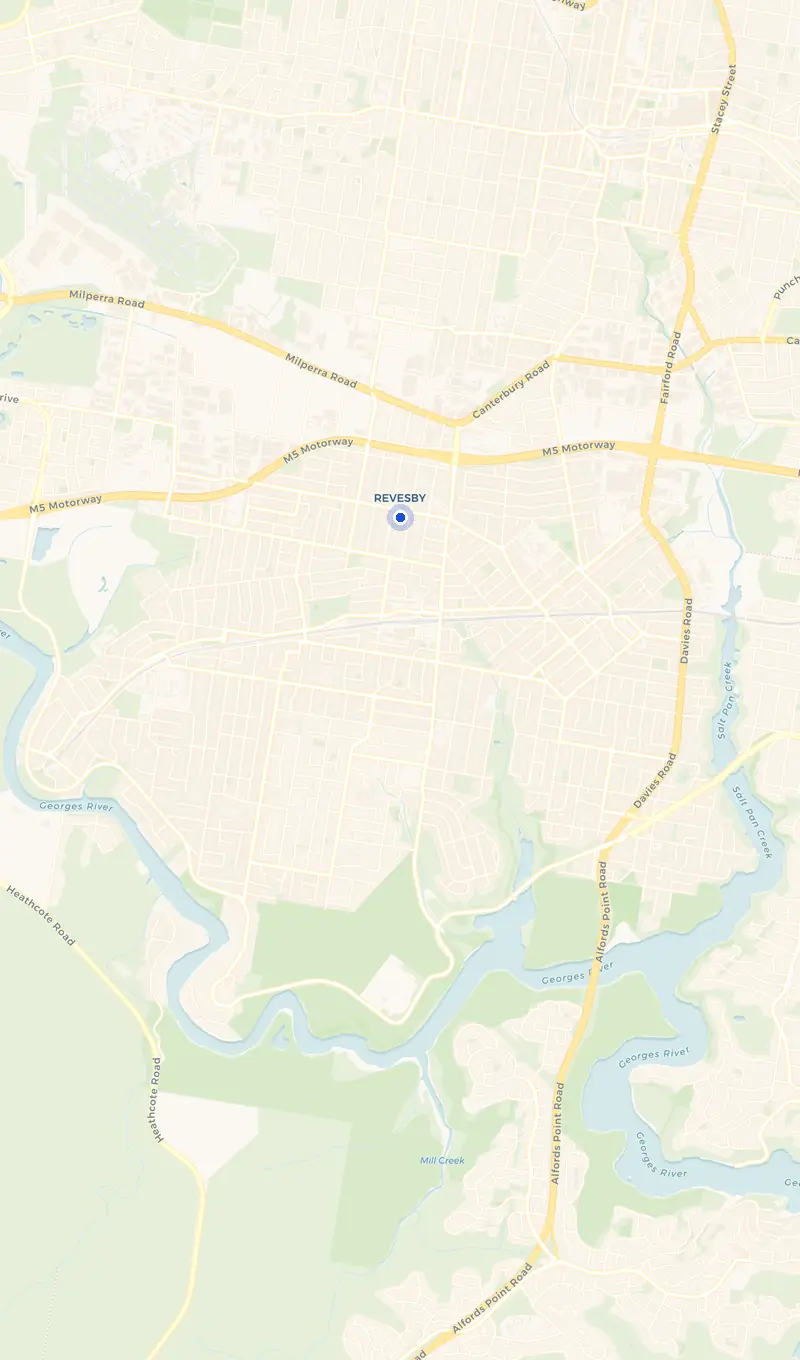 Map of the Revesby service area and the surrounding suburbs we cover.