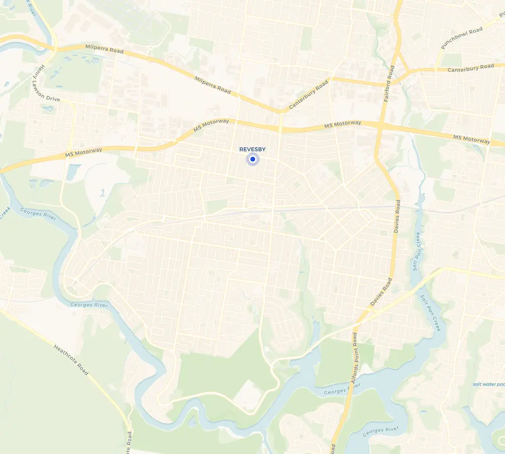 Map of the Revesby service area and the surrounding South West, showing Revesby and the nearby streets we cover.